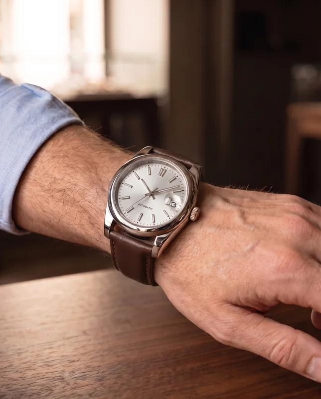 White Sunburst on Leather: On the wrist